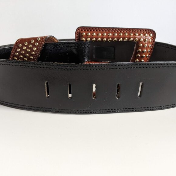 LYNN LERNER Vintage Wide Black Leather Belt with Gold Mini Metal Studs Italy main image 4